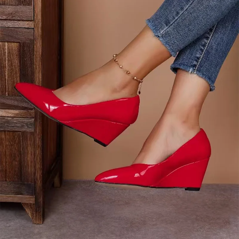 Wongn Wongn And Autumn New Slope Heel Pointed Head Shallow Mouth Single Shoes Comfortable Working Shoes Paint Leather High Heel Women's Shoes