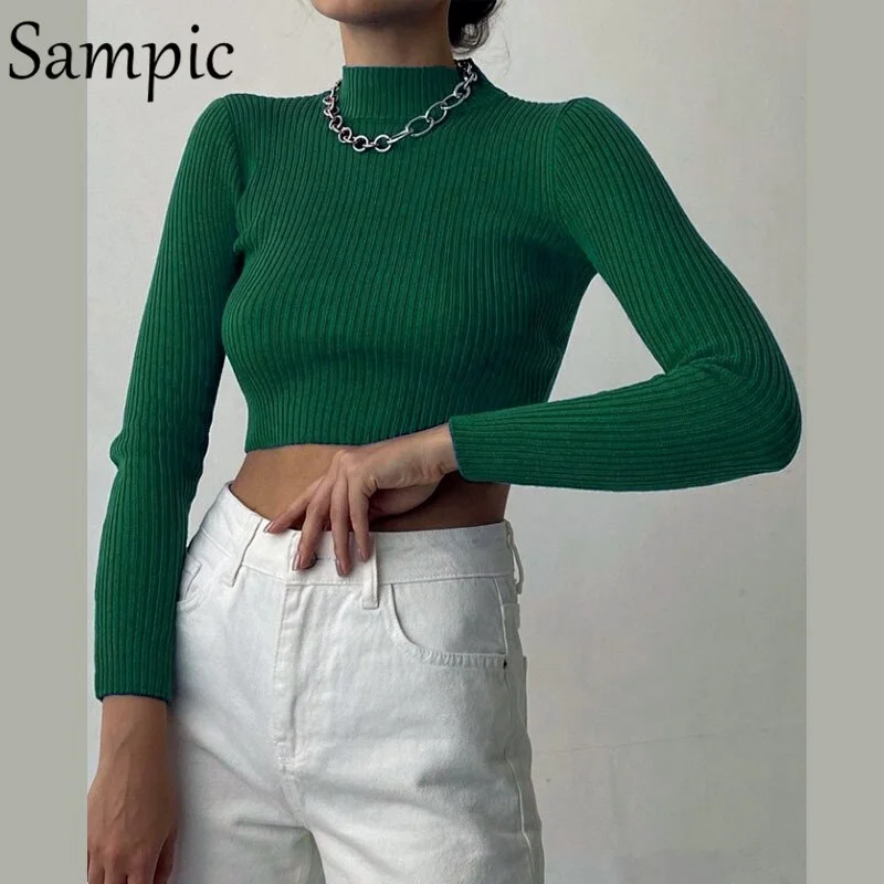 Sampic Long Sleeve Knitted Skinny Women Crop Turtleneck Basic Sweater Top 2021 Autumn Pullover Winter Y2K Mini Sexy T Shirt Tops