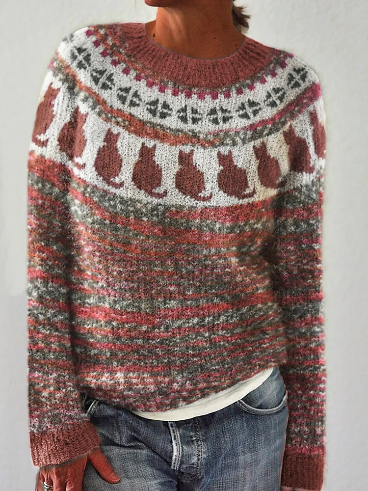 🔥kukelife🔥Vintage Cats Indspired Cozy Knit Sweater