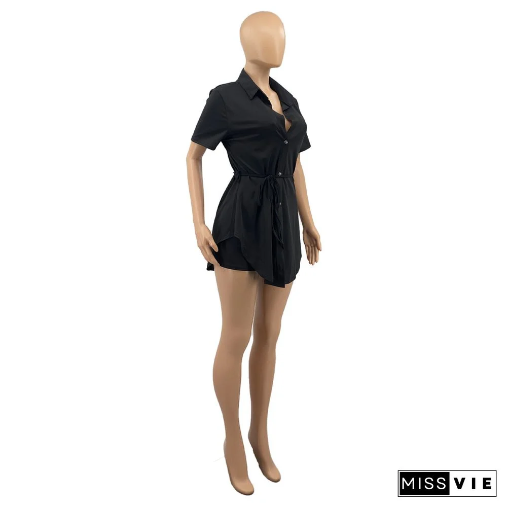 Solid Short Sleeve Lace Up Shirt and Shorts Matching Suit