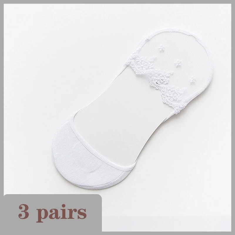 Lace Socks Women Summer Breathable High Heel Invisible Boat Socks Ankle Low Cut Sock Solid Embroidered Female Sox 3 Pairs