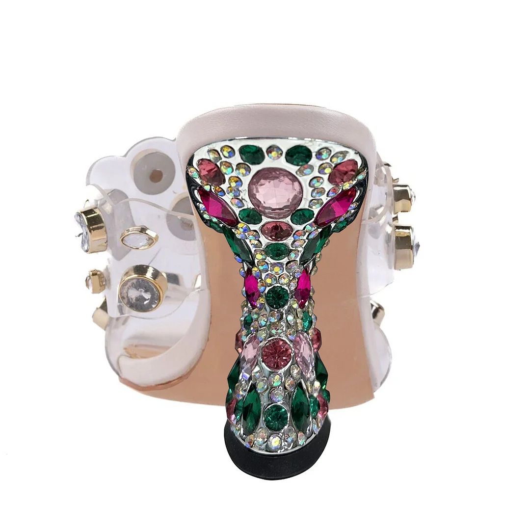 White Vegan Leather Square Toe Colorful Rhinestone Decorative Heels