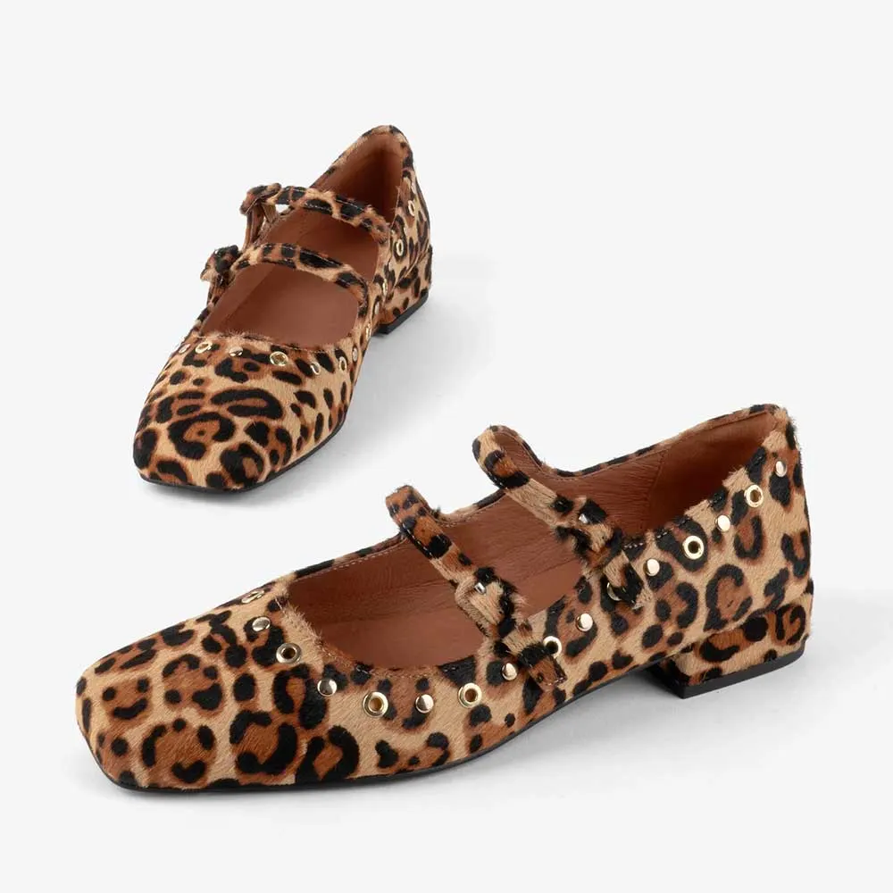 Brown Square Toe Block Heel Leopard Print Mary Jane Pumps for Women