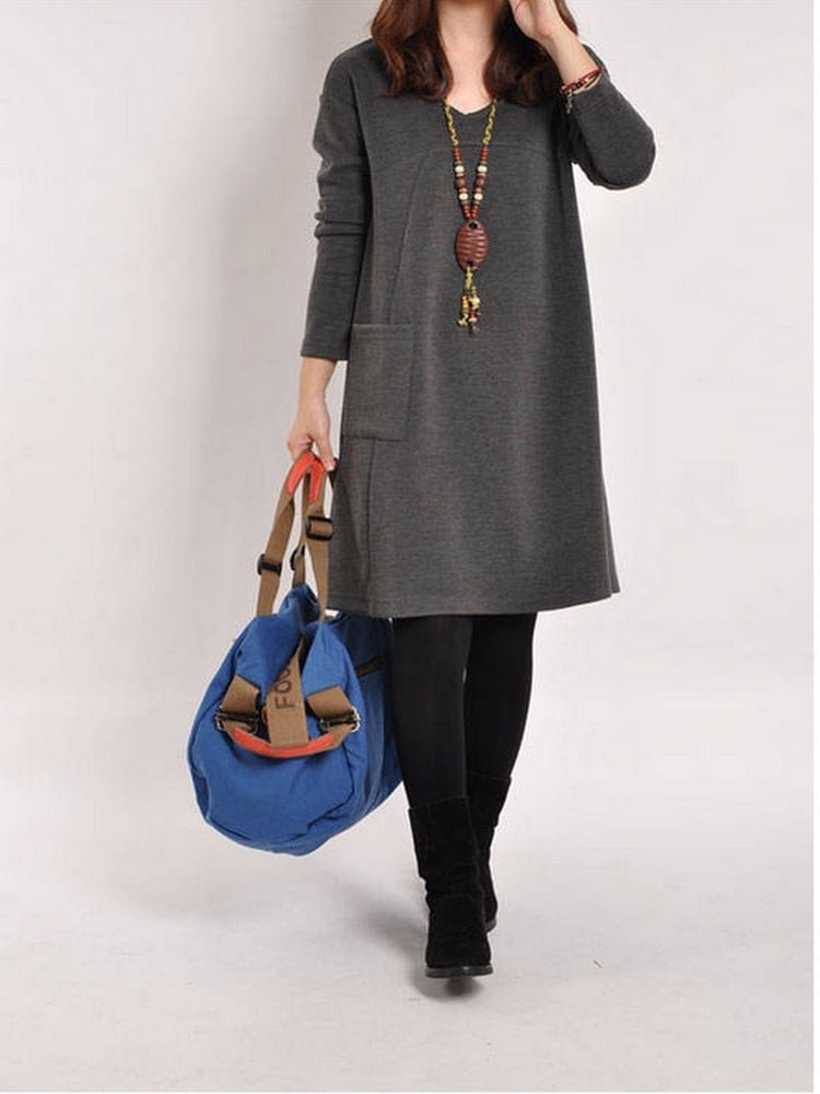 Long Sleeve Plain Pockets Casual Fall Dresses | EGEMISS
