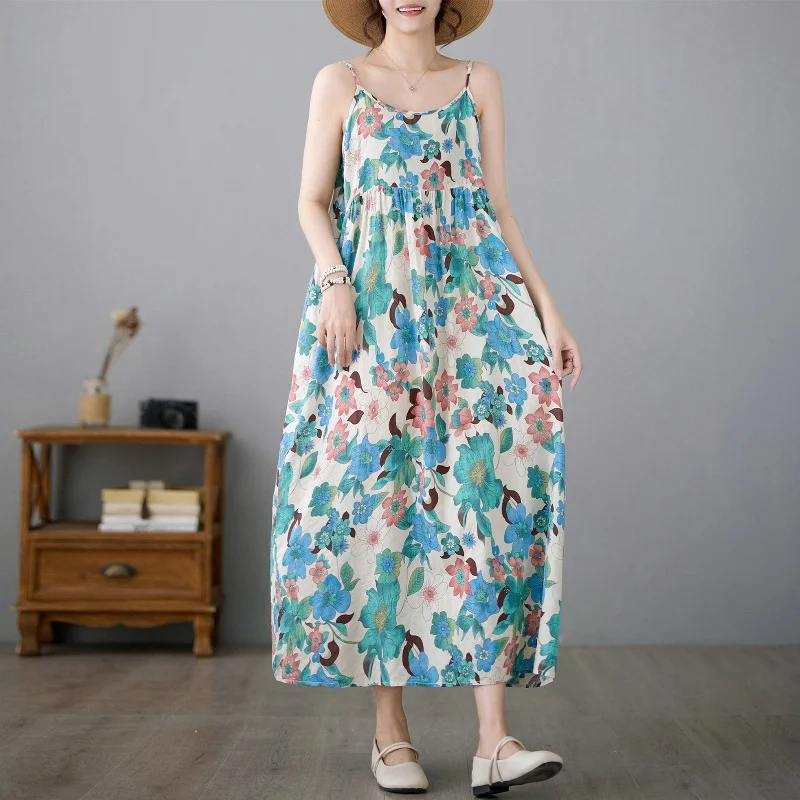 Uveng Uveng Summer New Literary And Art Large Print Cotton Dress Women's National Style Sleeveless Slings Long Skirt