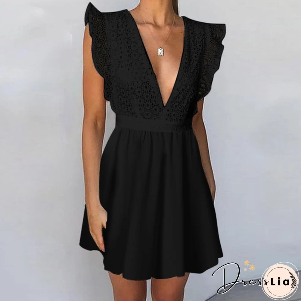 Summer Women Sleeveless Tank Dress Lace Stitching V-neck Ruffle Party Casual Solid Mini Dress Vestidos