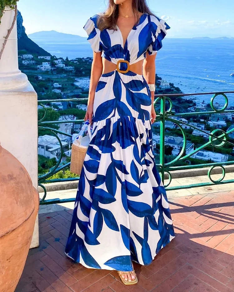 Fashionable hollow out sexy holiday style printed long skirt