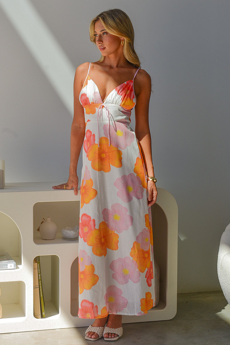 Floral Print V Neck Backless A-Line Maxi Strappy Dresses-Orange [Pre Order]