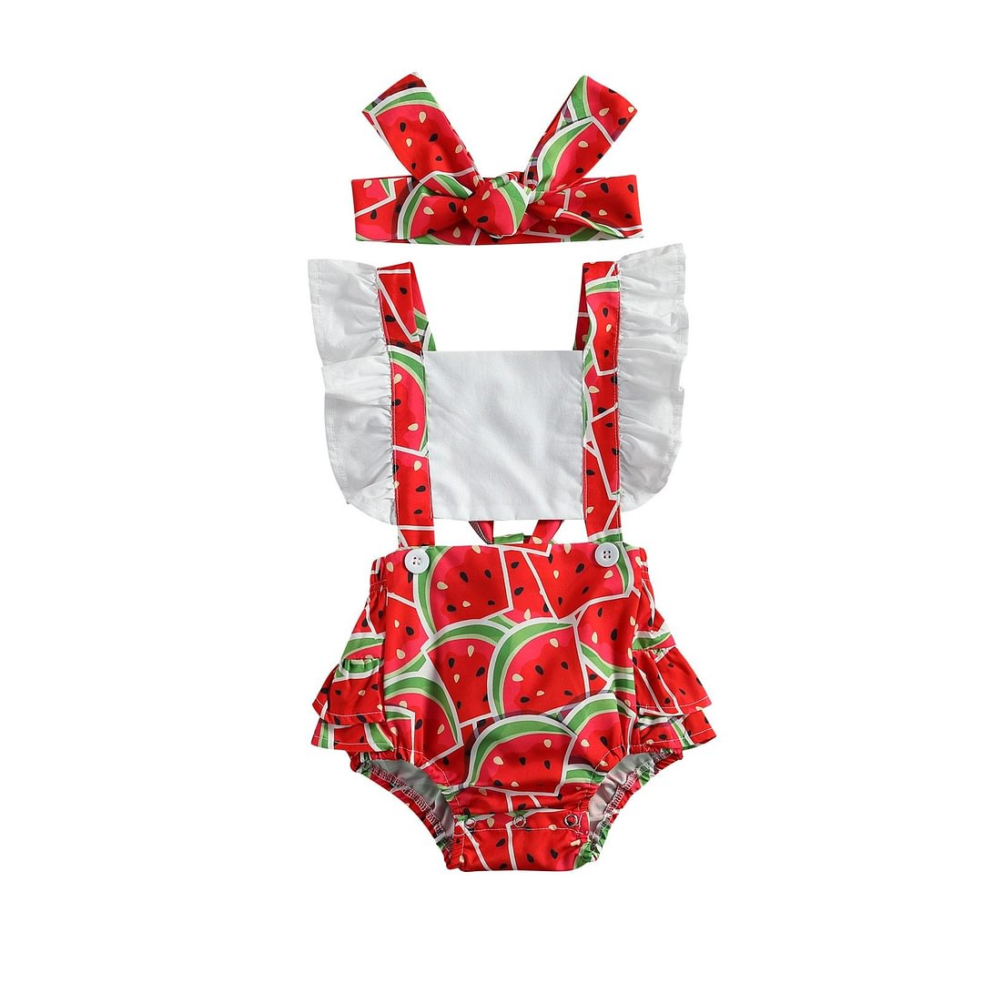 Toddler Baby Girls Watermelon Fruit Printing Two-pieces Set, Infant Square Collar Flying Sleeve Bodysuit Skirt + Headband Set
