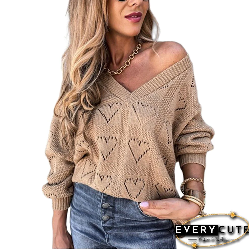 Khaki Hollow Out V Neck Lightweight Sweater