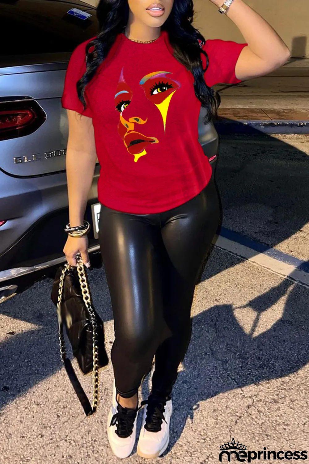 Black Street Print Patchwork O Neck T-Shirts