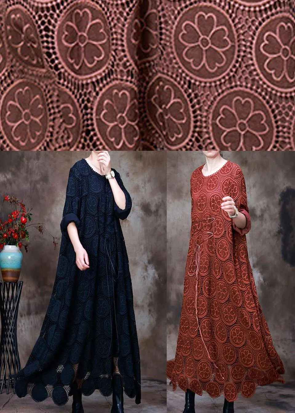 Vintage Orange Embroideried asymmetrical design Fall Dress Long sleeve