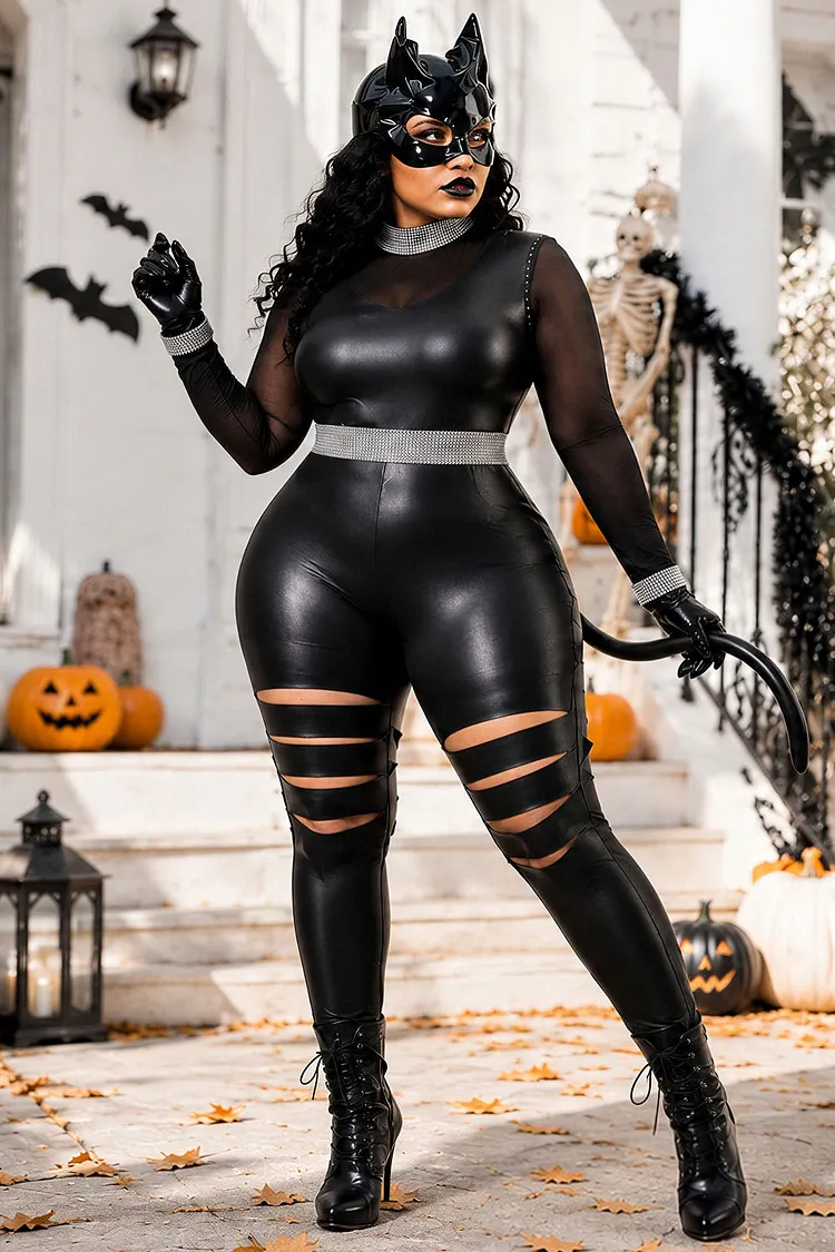 Xpluswear Design Plus Size Halloween Costume Black Cat Gothic See-Through Long Sleeve Mesh Jumpsuit (Without Headwear And Glove)（Ships 24h） 2024 - Xpluswear