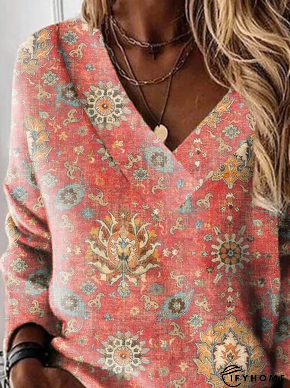 V Neck Printed Casual Tunic Sweatshirt | IFYHOME