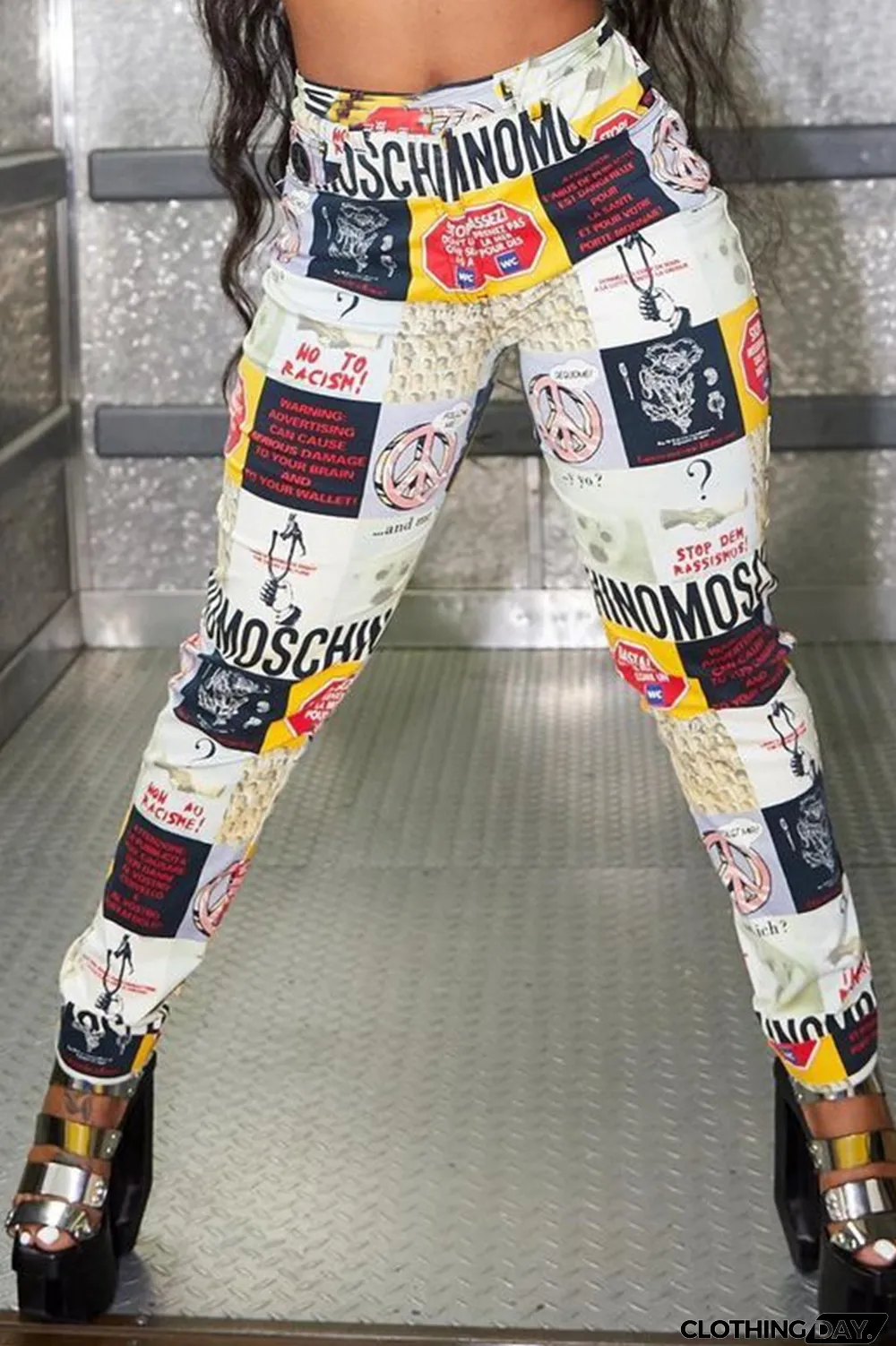 White Casual Print Split Joint Skinny High Waist Pencil Full Print Bottoms