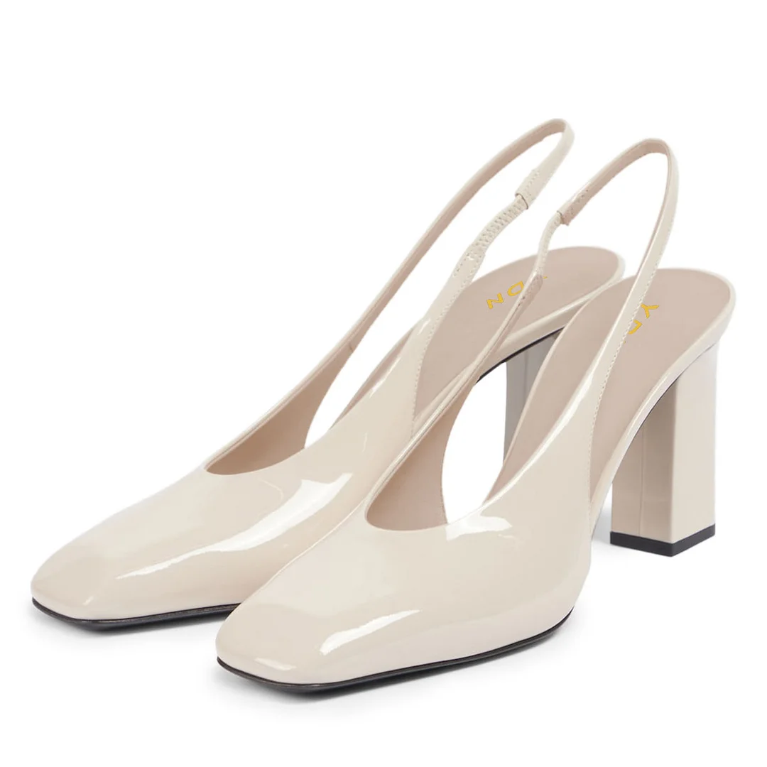 Elegant Patent Leather Square Toe  Slingback Heels in Beige
