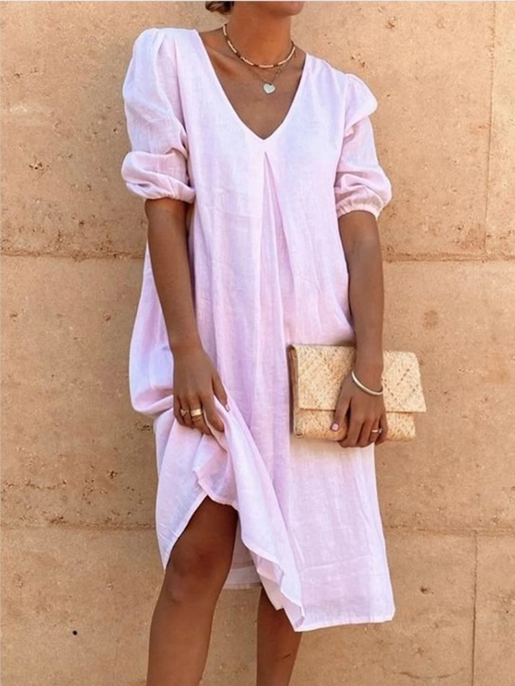 Cotton and Linen Half Sleeve Casual Midi Beach Tunic Dress