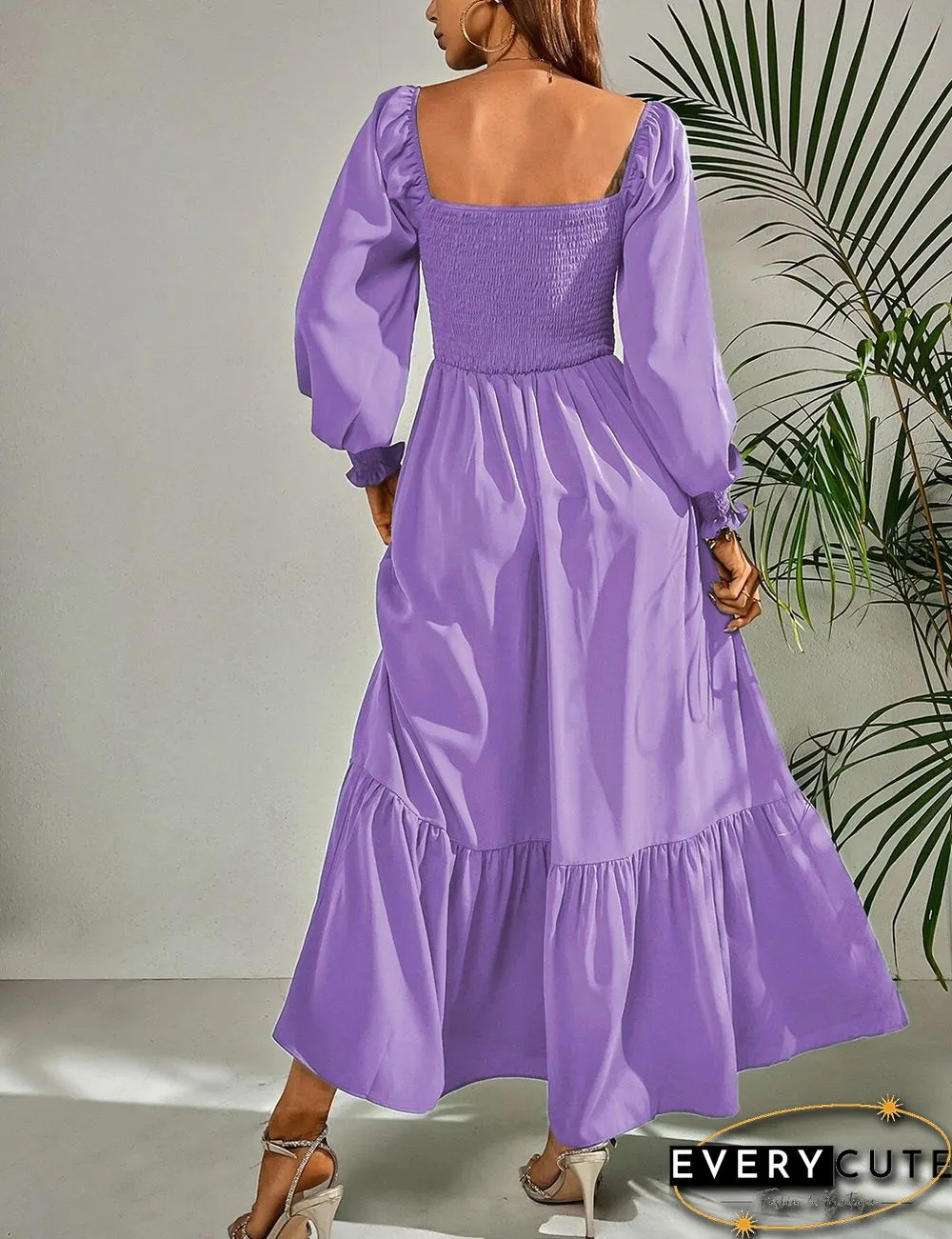 Purple Square Neck Pleated High Waist Maxi Dress