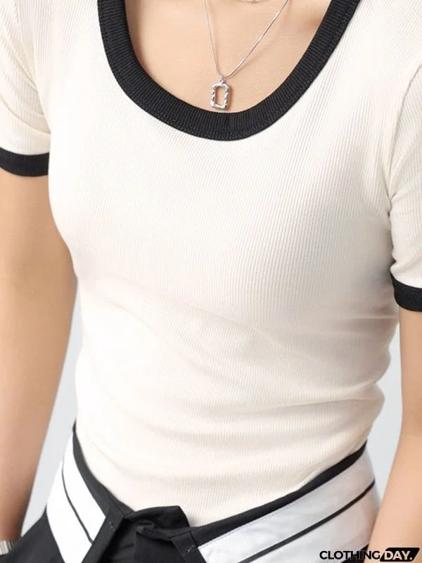 Short Sleeves Skinny Contrast Color Round-Neck T-Shirts