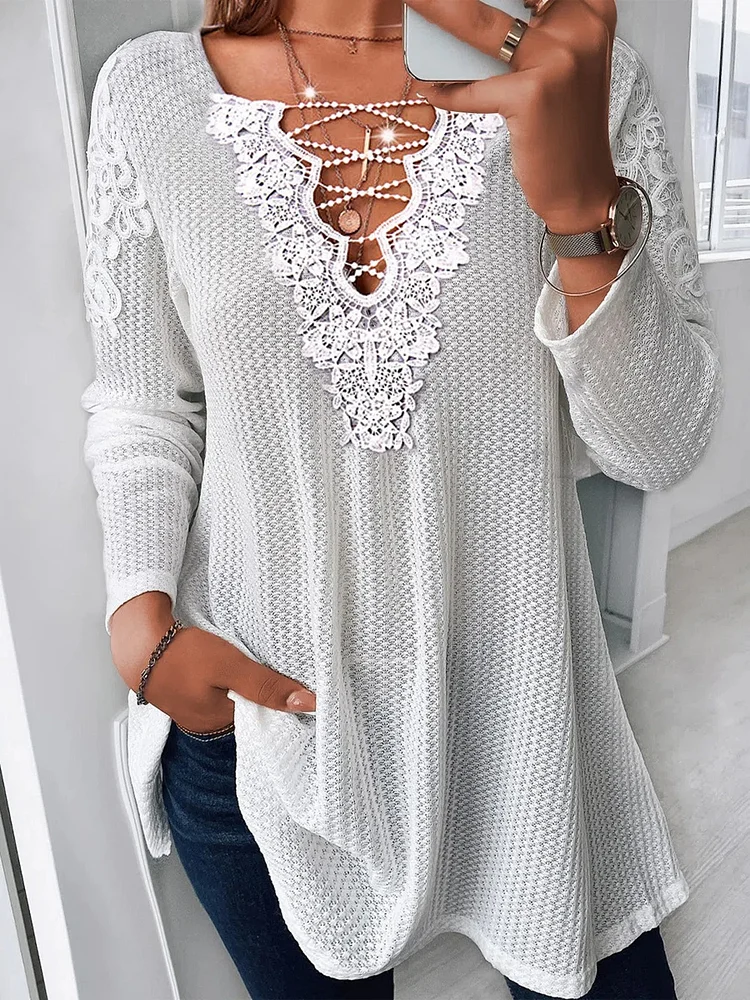 White V-Neck Long Sleeve Shirt Casual Lace Top
