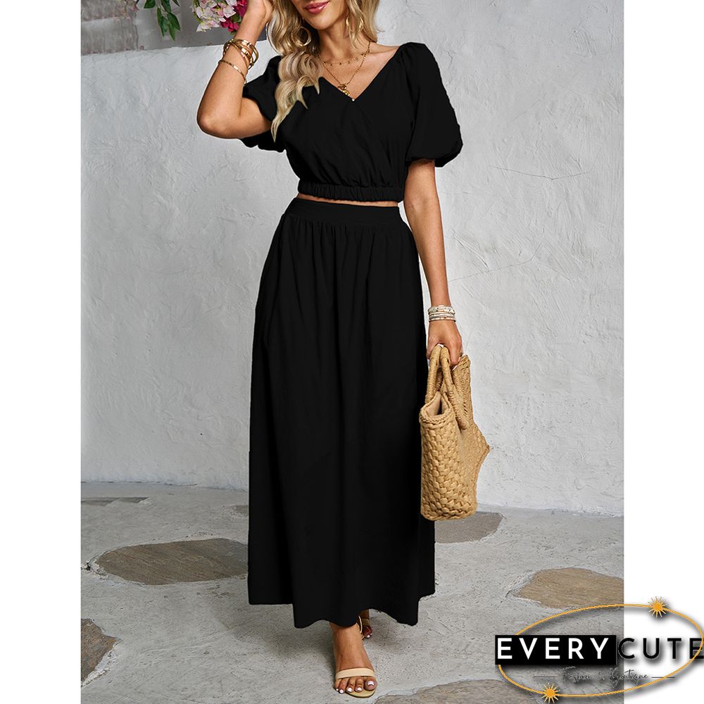 Black V Neck Crop Top and Pocket Skirt Set