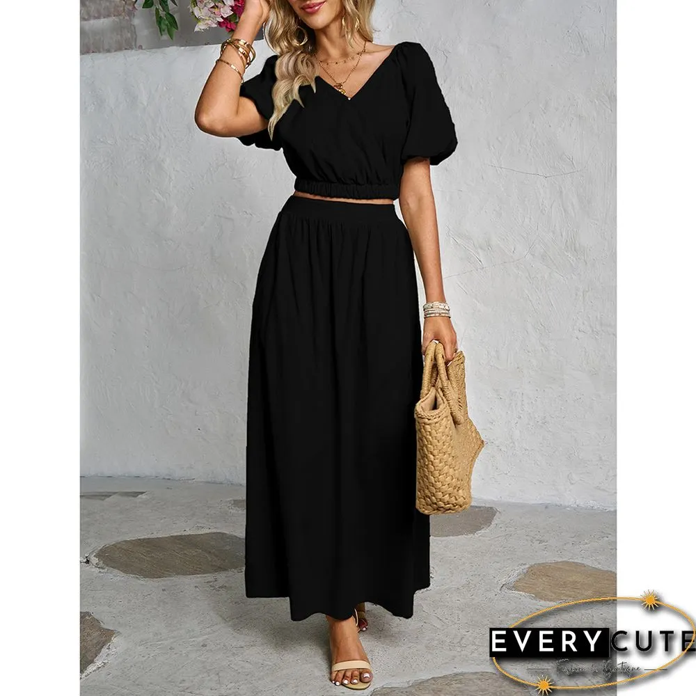 Black V Neck Crop Top and Pocket Skirt Set