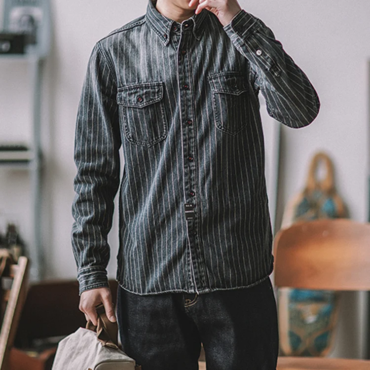 Retro Heavy Vertical Striped Denim Casual Shirt