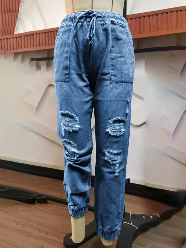Women's Jeans With Ripped Drawstring Elastic Waist And Washed Flusfy