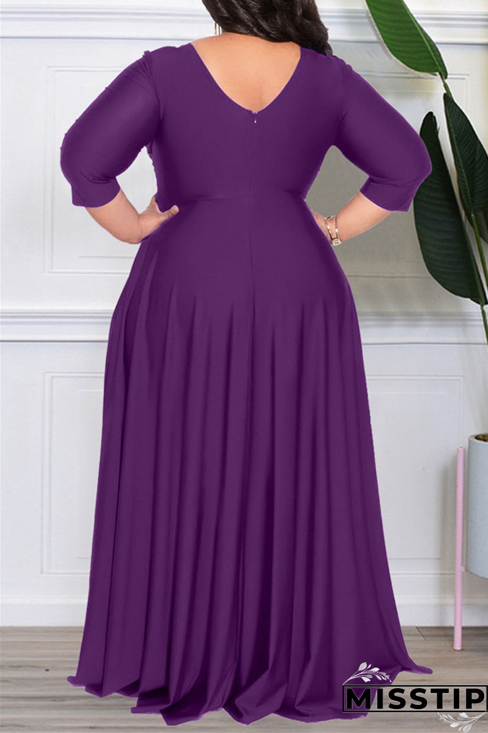 Dark Purple Casual Solid Patchwork V Neck Long Sleeve Plus Size Dresses