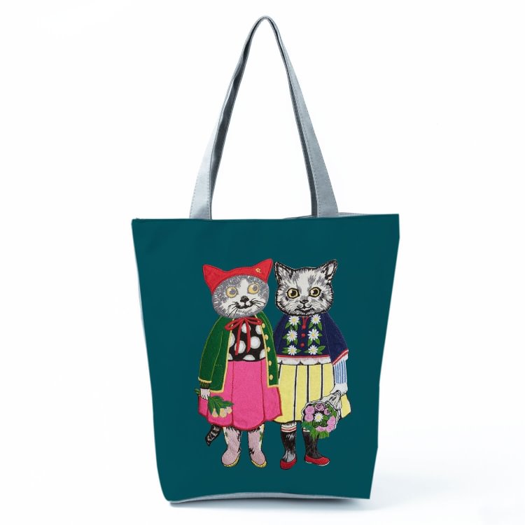 Zipped Tote Bag - Red Floral And Black Cat