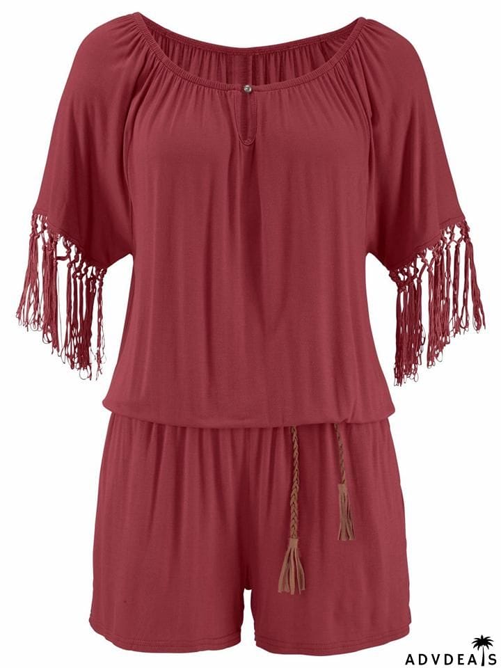 Stylish Off Shoulder Tassel Half Sleeve Pocket Rompers