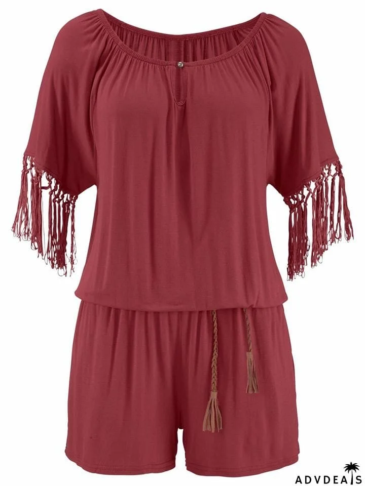 Stylish Off Shoulder Tassel Half Sleeve Pocket Rompers