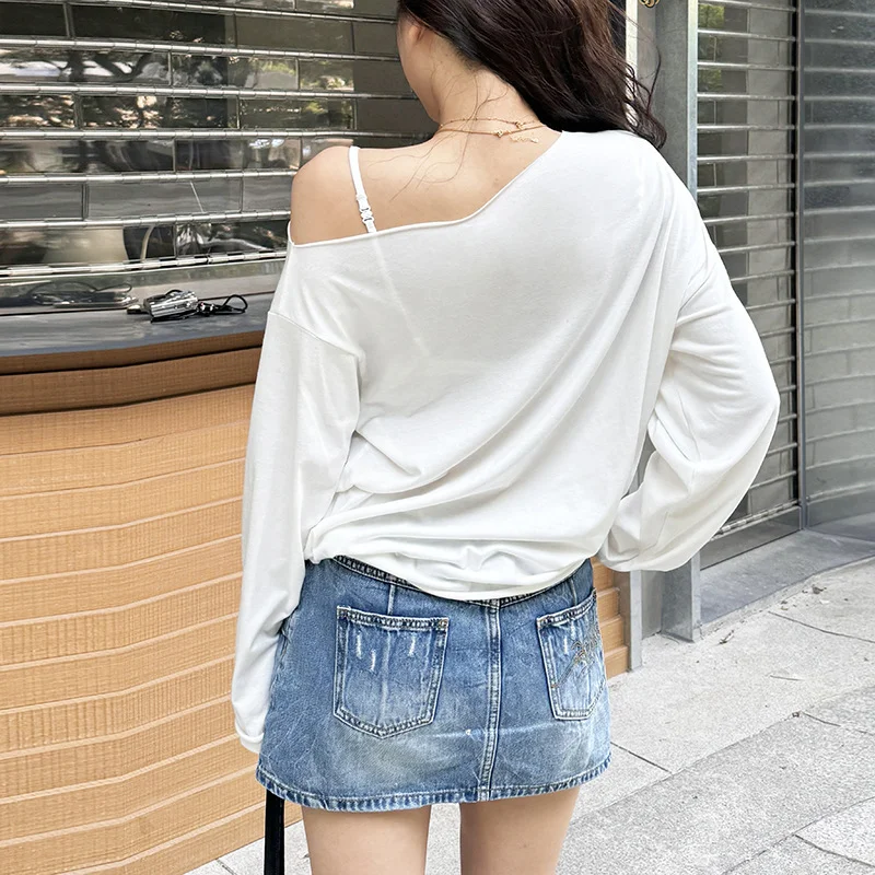 Uveng 2024 Summer New Women's Fashion Trend Hop Print Loose Long-Sleeved And Shoulder T-Shirt