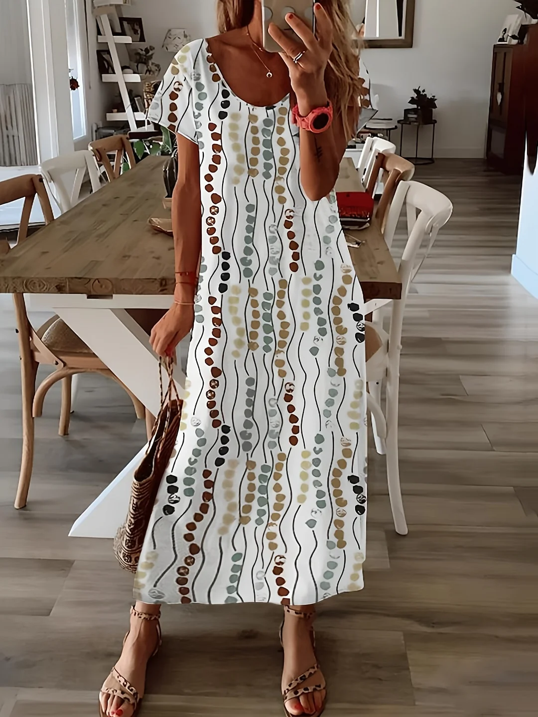 Lightweight Breathable Women's Spring Summer Casual Vacation Dress | Polka Dot Print Long Dress With Round Neck, Machine Washable For Beach Outings & Day Tri | IFYHOME