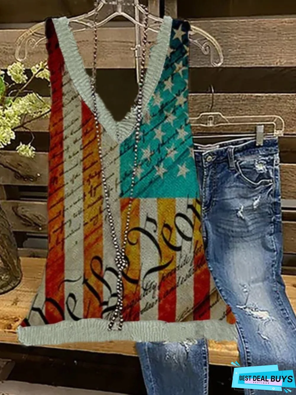 Plus Size Sleeveless Tribal Vintage Cotton-Blend T-shirt