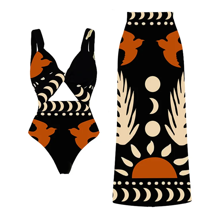 V Neck Cut Out Printed One Piece Swimsuit and Skirt Flaxmaker