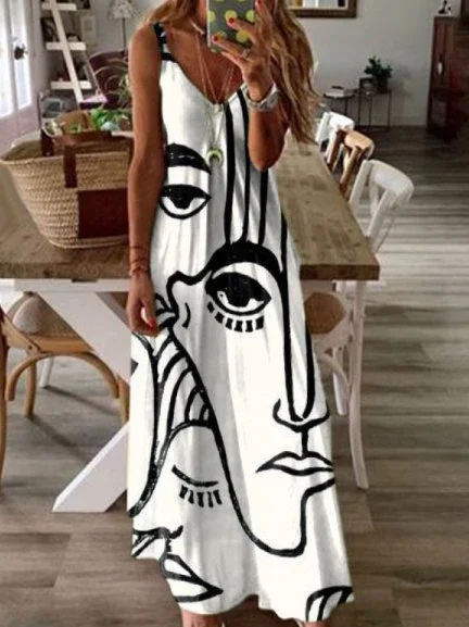 Abstract Sleeveless A-Line V Neck Dresses White Dresses