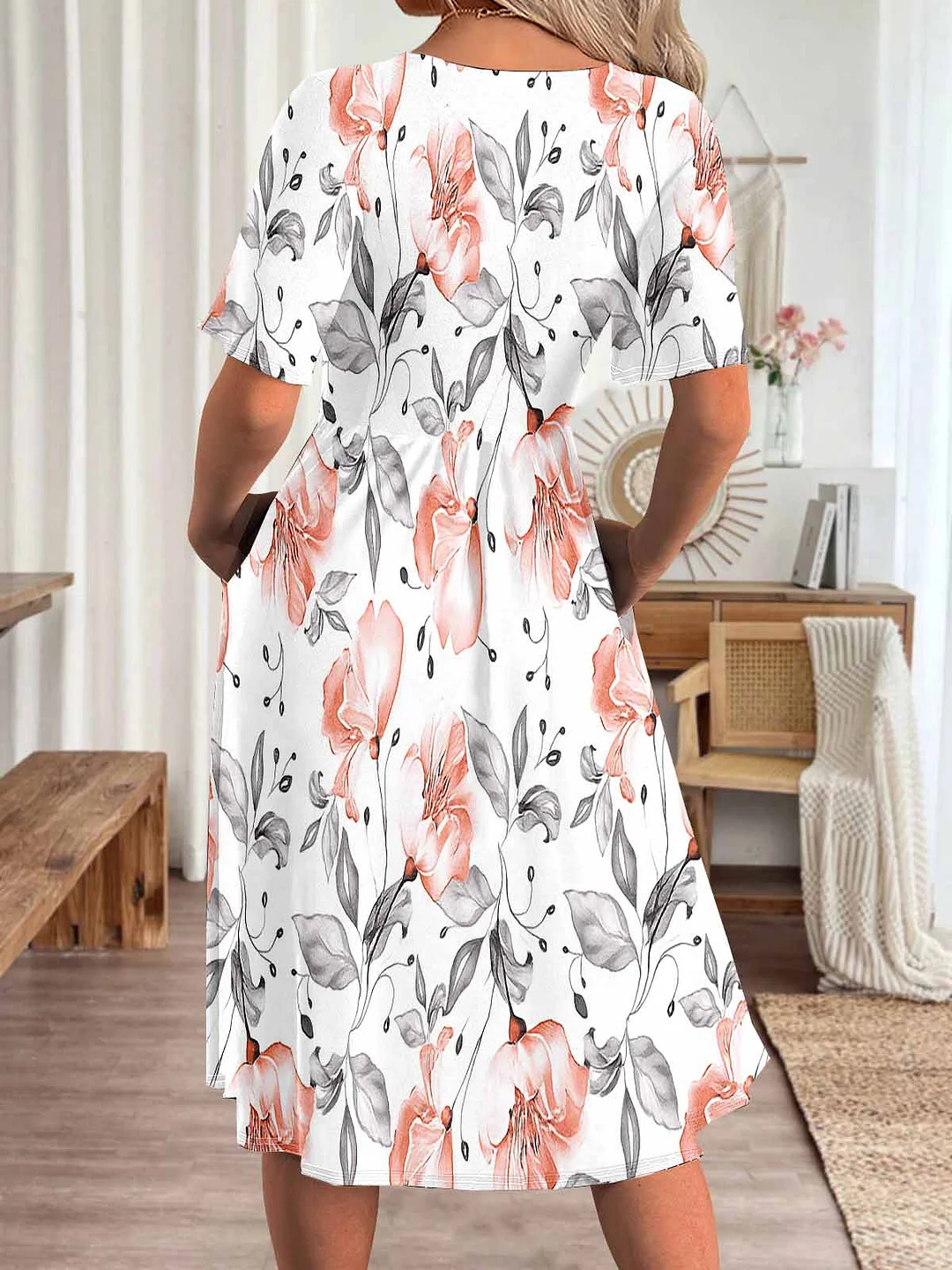 Women Floral,Pink DZHA8193 Short Sleeve Scoop Neck Graphic Printed Hollow Midi Dress