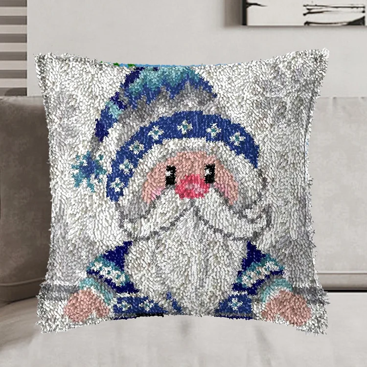 Blue Cartoon Gnome Xmas Latch Hook Pillow Kit for Adult, Beginner and Kid veirousa