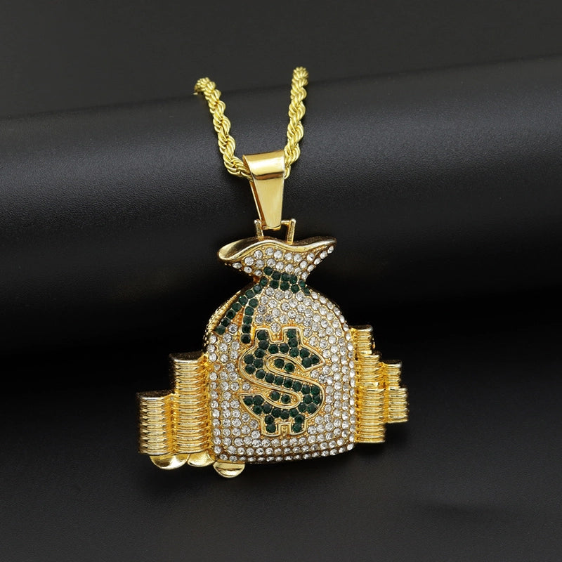 European Hip Hop Necklace Purse Hiphop Alloy Diamond US Dollar Gold Money Bag Men And Women Cool Popular Brand Accessories