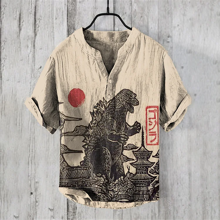 Retro Japanese Godzilla Art Linen Blend Shirt