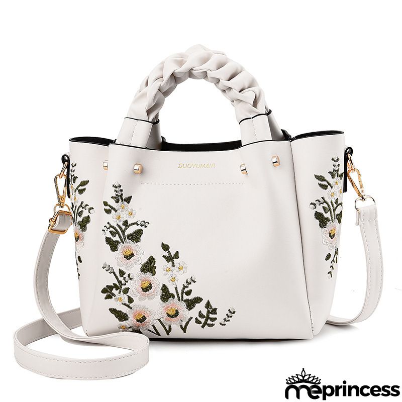 Women Vintage Flower Design Graphic Pattern Solid Color Large Capacity Shoulder Handle Bag