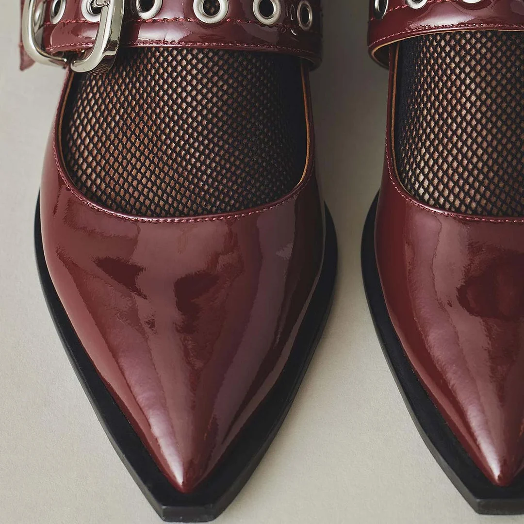 Maroon Patent Pointed Toe Flat Women Mary Jane Shoes with Buckle Strap