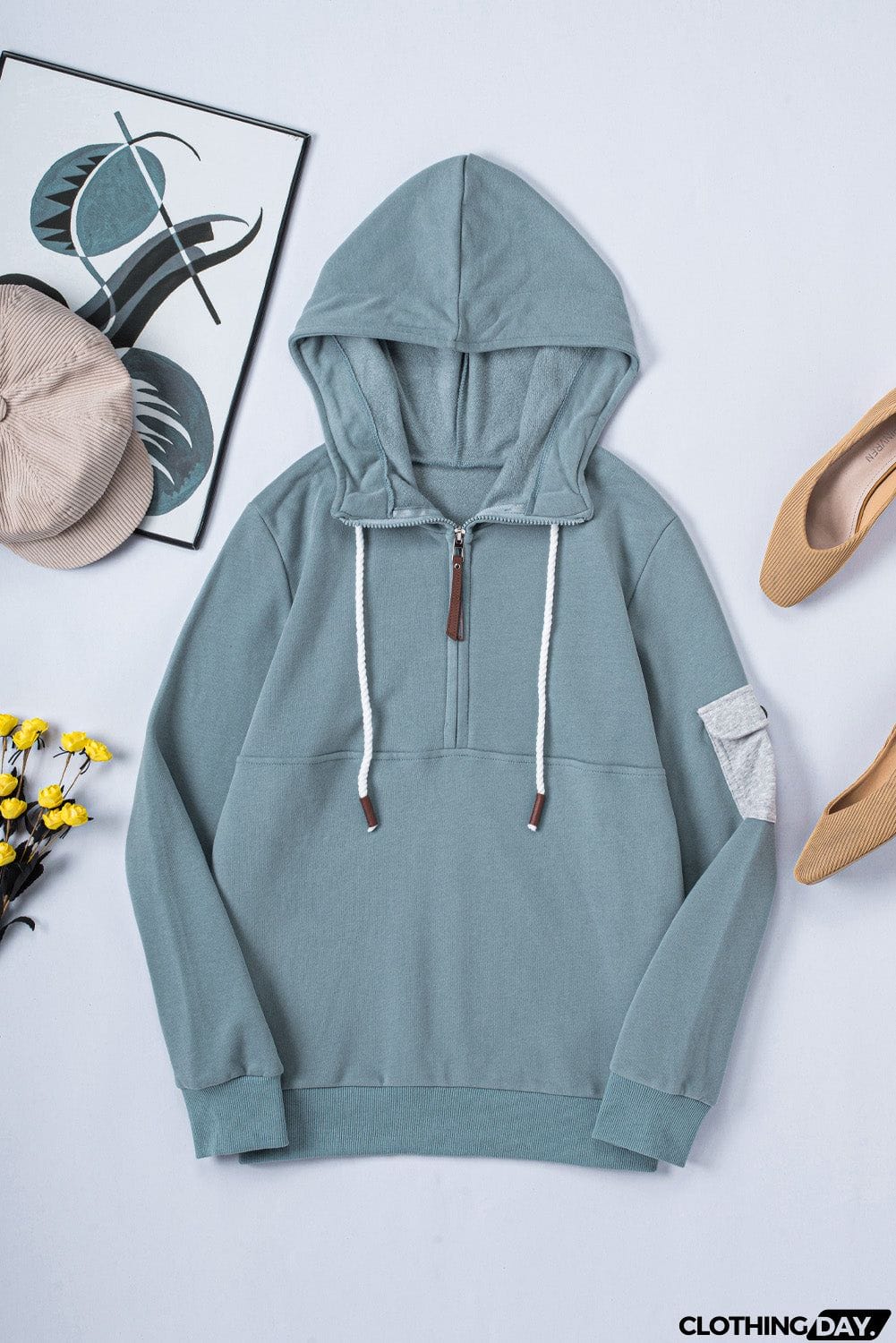 Half Zip Colorblock Pocket Patchwork Long Sleeve Hoodie