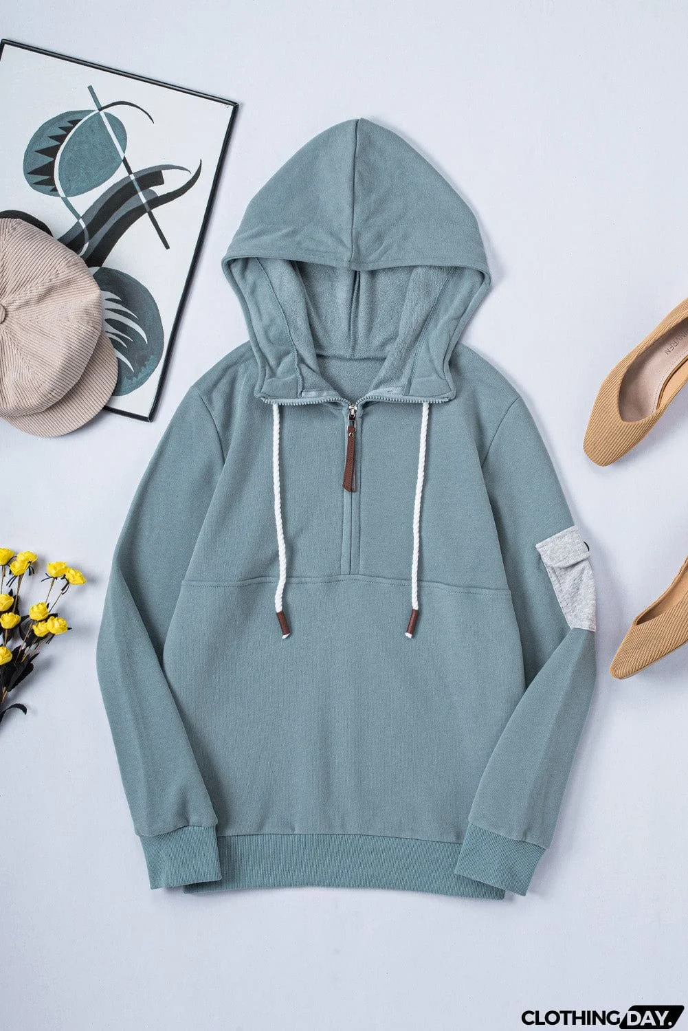 Half Zip Colorblock Pocket Patchwork Long Sleeve Hoodie