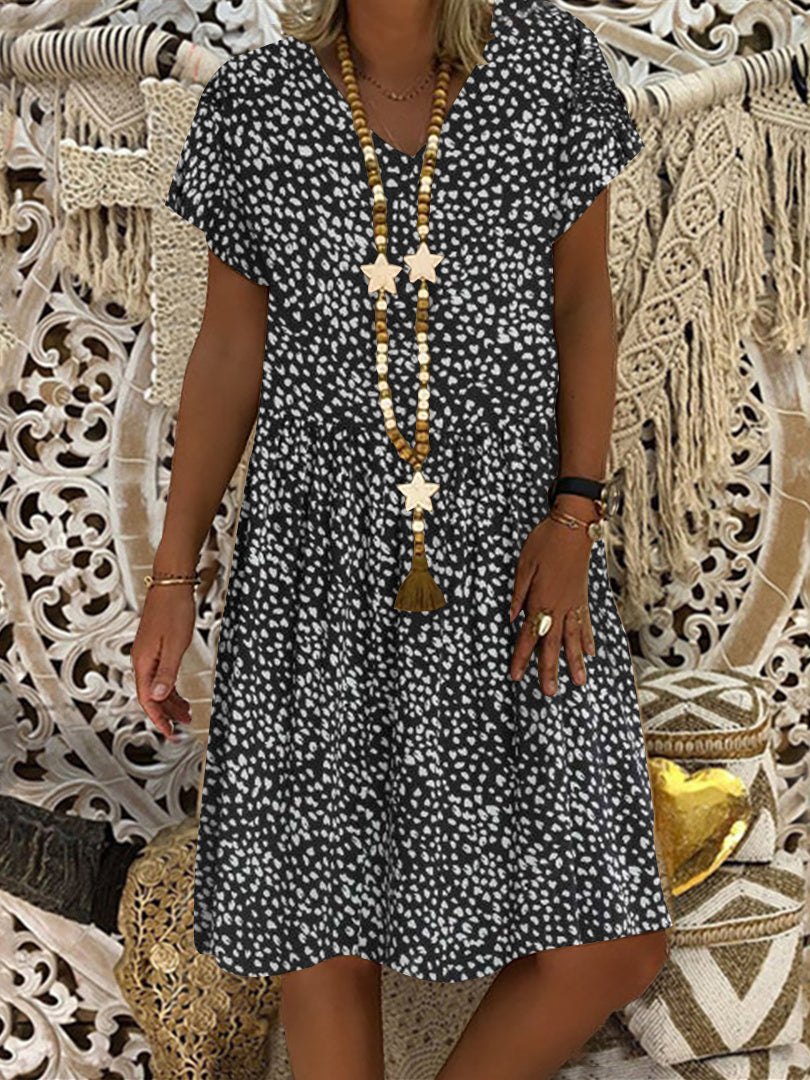Women Short Sleeve V-neck Polka Dot Printed Midi Dress