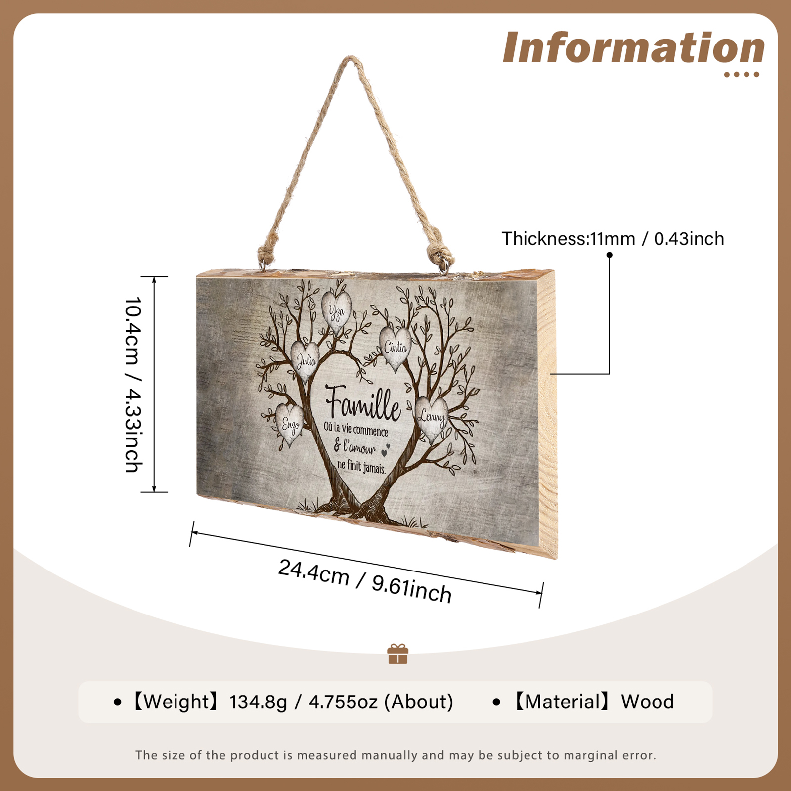 Décoration en bois Arbre de Vie 2-6 Prénoms Personnalisés pour Famille Peinture Décorative