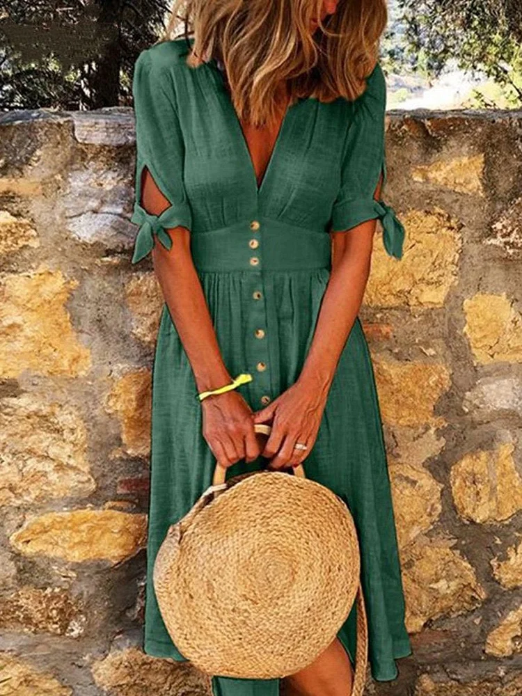 Women's Solid Color V-Neck Casual Summer Dress