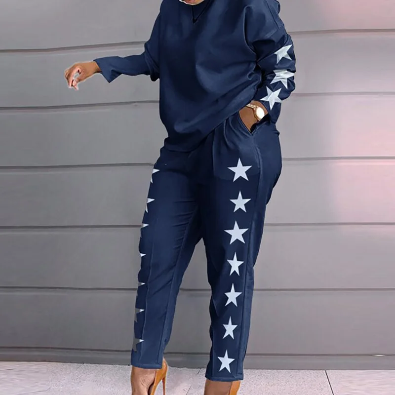 ABEBEY Classic Loose Pants Suits For Women Femme Star Print Trousers And Blouse Casual Outfits Slim Pencil Pants Two Piece Matching Set