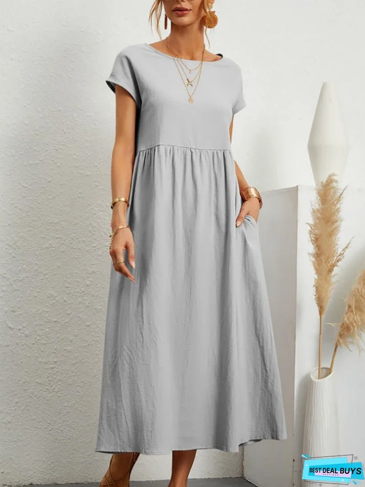 Sleeve Round Neck Cotton Linen Dress Dresses